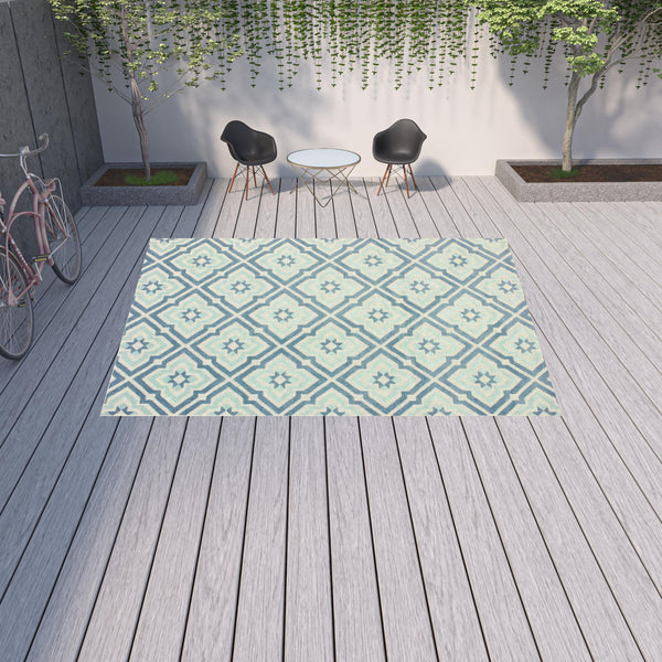 Homeroots 10' X 13' Blue And Ivory Geometric Stain Resistant Indoor Outdoor Area Rug  Polypropylene 506689