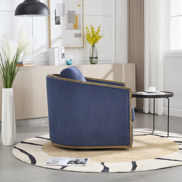 English Elm Corduroy Swivel Barrel Chair with Sturdy Wood Frame & Metal 360° Base, Plush Corduroy Comfort Pop Navy W395P220273