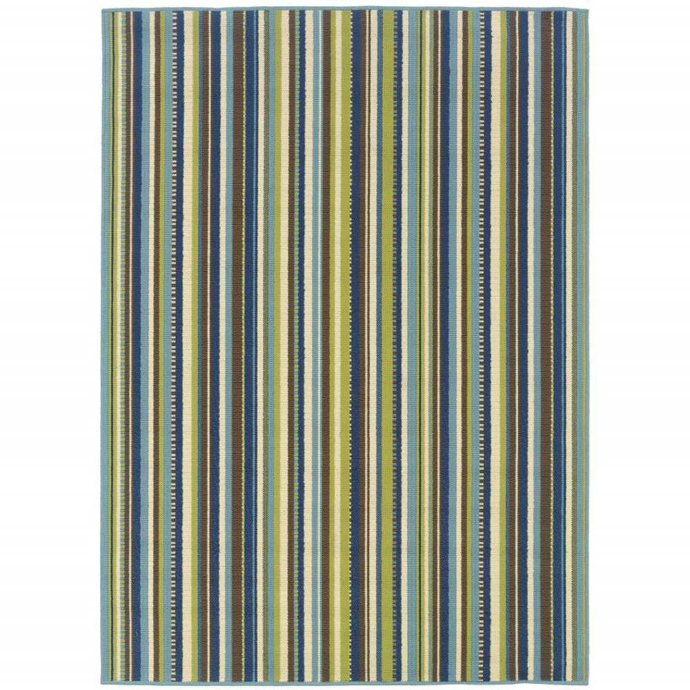 HomeRoots 9' Blue and Green Striped Area Rug - Stylish, Stain-Resistant for Indoor and Outdoor Spaces, Durable Design 8'6" x 13' 506715