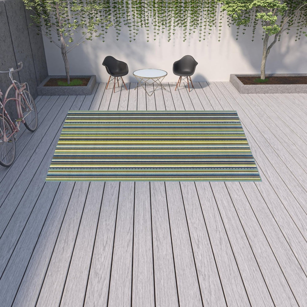 HomeRoots 9' Blue and Green Striped Area Rug - Stylish, Stain-Resistant for Indoor and Outdoor Spaces, Durable Design 8'6" x 13' 506715