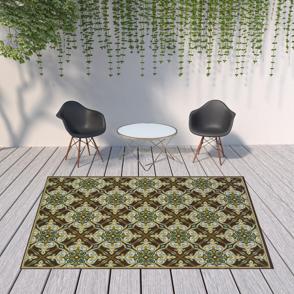 Homeroots 8' X 11' Brown And Ivory Floral Stain Resistant Indoor Outdoor Area Rug  Polypropylene 506723