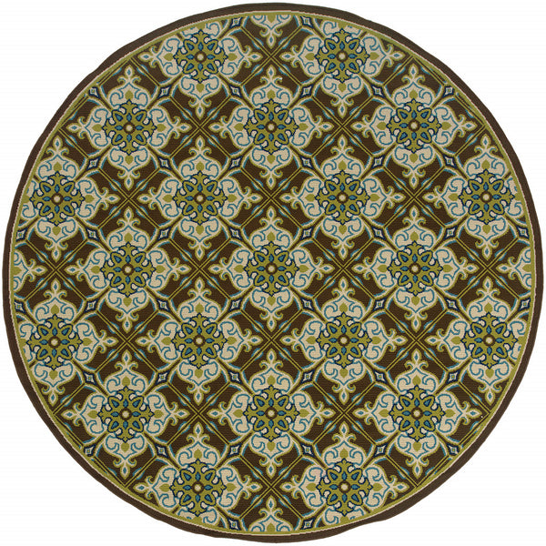 Homeroots 8' X 8' Brown And Ivory Round Floral Stain Resistant Indoor Outdoor Area Rug  Polypropylene 506725