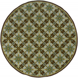 Homeroots 8' X 8' Brown And Ivory Round Floral Stain Resistant Indoor Outdoor Area Rug  Polypropylene 506725