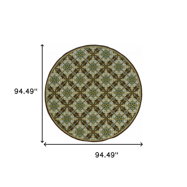 Homeroots 8' X 8' Brown And Ivory Round Floral Stain Resistant Indoor Outdoor Area Rug  Polypropylene 506725