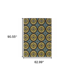 Homeroots 5' X 8' Blue And Green Floral Stain Resistant Indoor Outdoor Area Rug Blue,Brown Polypropylene 506763
