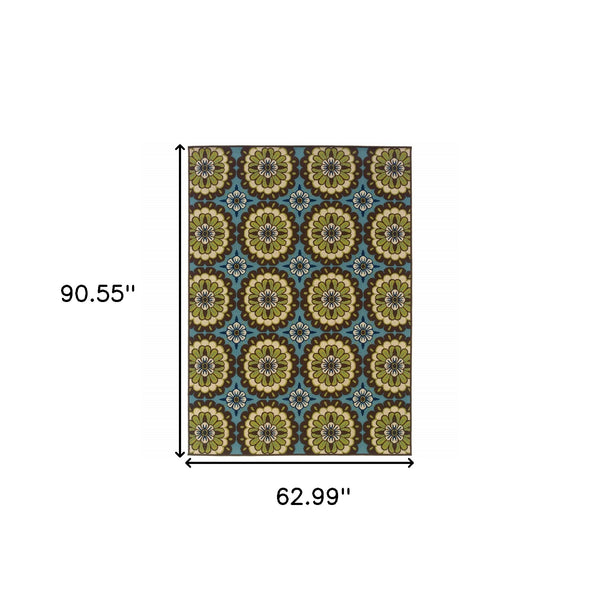 Homeroots 5' X 8' Blue And Green Floral Stain Resistant Indoor Outdoor Area Rug Blue,Brown Polypropylene 506763