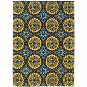 Homeroots 7' X 10' Blue And Green Floral Stain Resistant Indoor Outdoor Area Rug Blue,Brown Polypropylene 506764