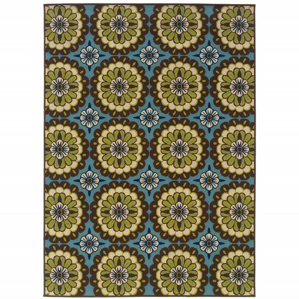 Homeroots 7' X 10' Blue And Green Floral Stain Resistant Indoor Outdoor Area Rug Blue,Brown Polypropylene 506764