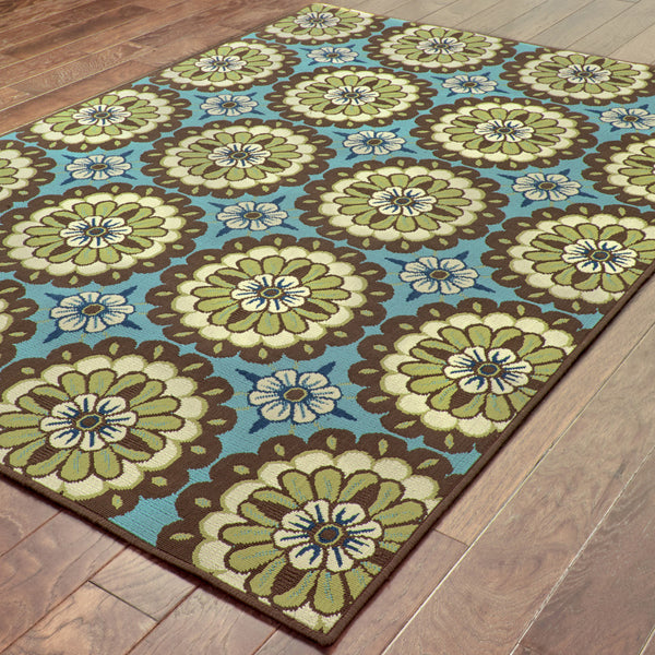 Homeroots 7' X 10' Blue And Green Floral Stain Resistant Indoor Outdoor Area Rug Blue,Brown Polypropylene 506764