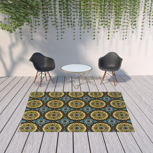 Homeroots 7' X 10' Blue And Green Floral Stain Resistant Indoor Outdoor Area Rug Blue,Brown Polypropylene 506764