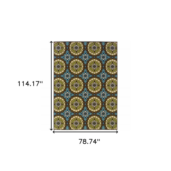 Homeroots 7' X 10' Blue And Green Floral Stain Resistant Indoor Outdoor Area Rug Blue,Brown Polypropylene 506764