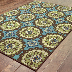 Homeroots 8' X 11' Blue And Green Floral Stain Resistant Indoor Outdoor Area Rug Blue,Brown Polypropylene 506765