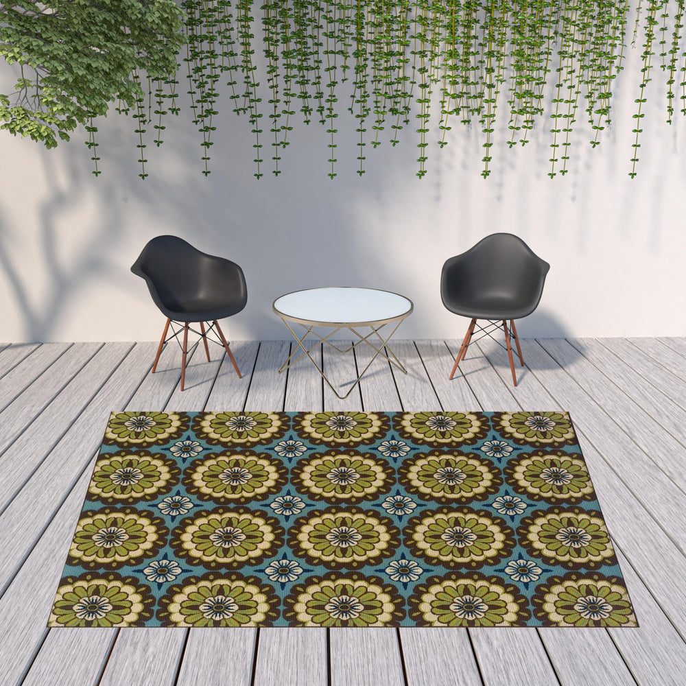 Homeroots 8' X 11' Blue And Green Floral Stain Resistant Indoor Outdoor Area Rug Blue,Brown Polypropylene 506765