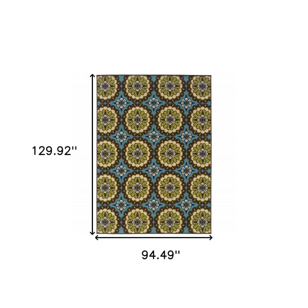 Homeroots 8' X 11' Blue And Green Floral Stain Resistant Indoor Outdoor Area Rug Blue,Brown Polypropylene 506765
