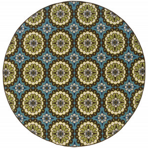 Homeroots 8' X 8' Blue And Green Round Floral Stain Resistant Indoor Outdoor Area Rug Blue,Brown Polypropylene 506767