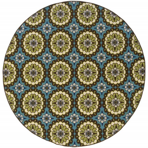 Homeroots 8' X 8' Blue And Green Round Floral Stain Resistant Indoor Outdoor Area Rug Blue,Brown Polypropylene 506767