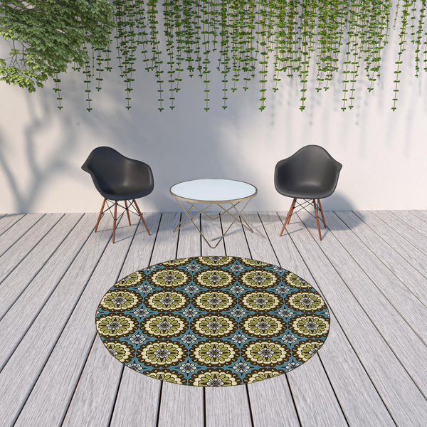 Homeroots 8' X 8' Blue And Green Round Floral Stain Resistant Indoor Outdoor Area Rug Blue,Brown Polypropylene 506767