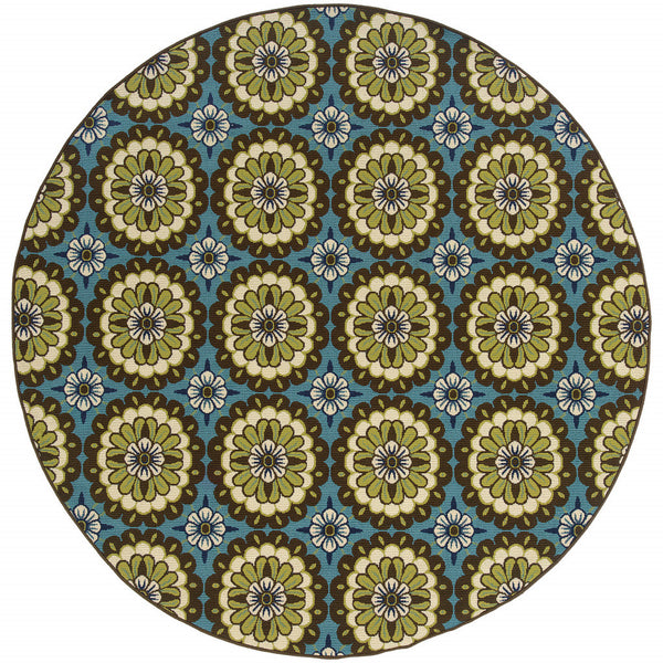 Homeroots 8' X 8' Blue And Green Round Floral Stain Resistant Indoor Outdoor Area Rug Blue,Brown Polypropylene 506767