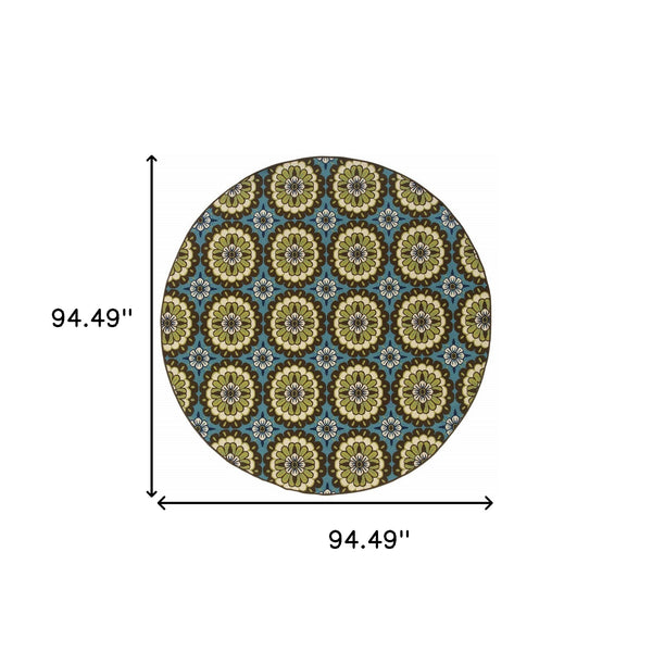 Homeroots 8' X 8' Blue And Green Round Floral Stain Resistant Indoor Outdoor Area Rug Blue,Brown Polypropylene 506767