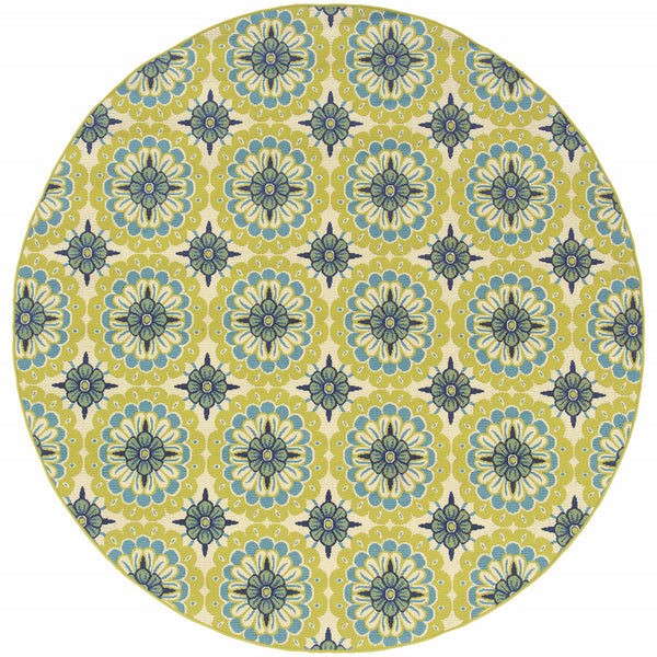 Homeroots 8' X 8' Green And Ivory Round Floral Stain Resistant Indoor Outdoor Area Rug Green,Ivory Polypropylene 506776