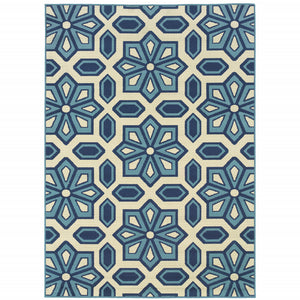 Homeroots 4' X 6' Ivory And Blue Geometric Stain Resistant Indoor Outdoor Area Rug - Stylish, Durable Comfort! 3'7" X 5'6" Polypropylene 506780