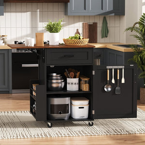 English Elm K&k Farmhouse Rolling Kitchen Cart with Drop Leaf Drawer Open Rack Lockable Wheels Black N707P404539B