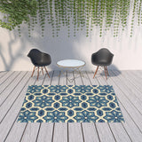 Homeroots 7' X 10' Ivory And Blue Geometric Stain Resistant Indoor Outdoor Area Rug  Polypropylene 506782