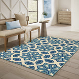 Homeroots 7' X 10' Ivory And Blue Geometric Stain Resistant Indoor Outdoor Area Rug  Polypropylene 506782