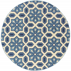 Homeroots 8' X 8' Ivory And Blue Round Geometric Stain Resistant Indoor Outdoor Area Rug  Polypropylene 506785