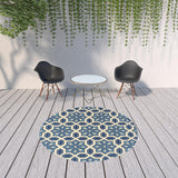 Homeroots 8' X 8' Ivory And Blue Round Geometric Stain Resistant Indoor Outdoor Area Rug  Polypropylene 506785