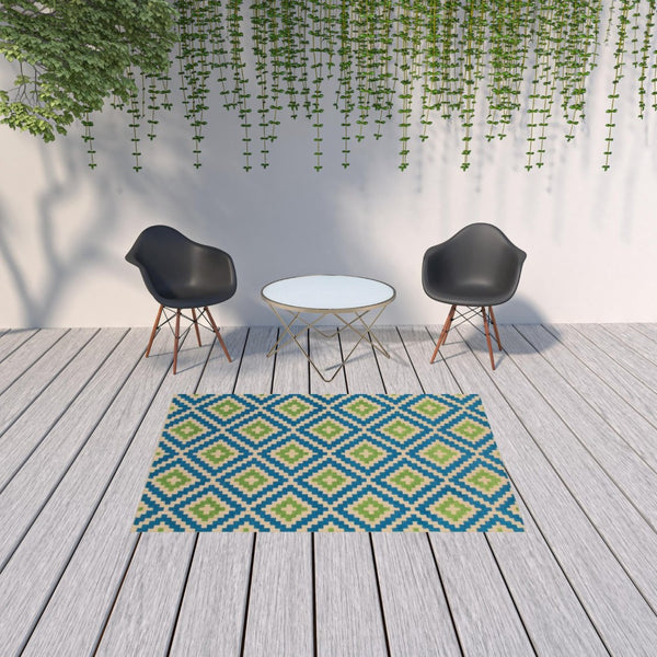 HomeRoots 5' Blue and Beige Geometric Indoor Outdoor Area Rug - Durable, Stain-Resistant, Modern Design for All Spaces 5'3" x 7'6" 506788