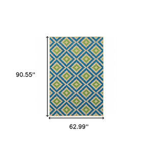 HomeRoots 5' Blue and Beige Geometric Indoor Outdoor Area Rug - Durable, Stain-Resistant, Modern Design for All Spaces 5'3" x 7'6" 506788