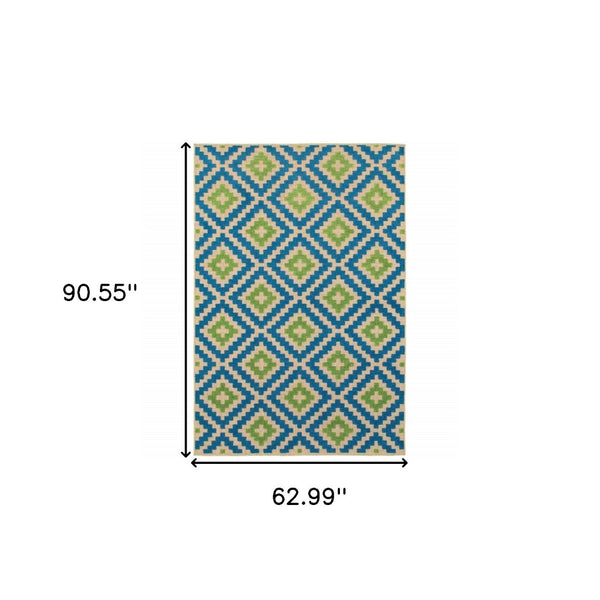 HomeRoots 5' Blue and Beige Geometric Indoor Outdoor Area Rug - Durable, Stain-Resistant, Modern Design for All Spaces 5'3" x 7'6" 506788