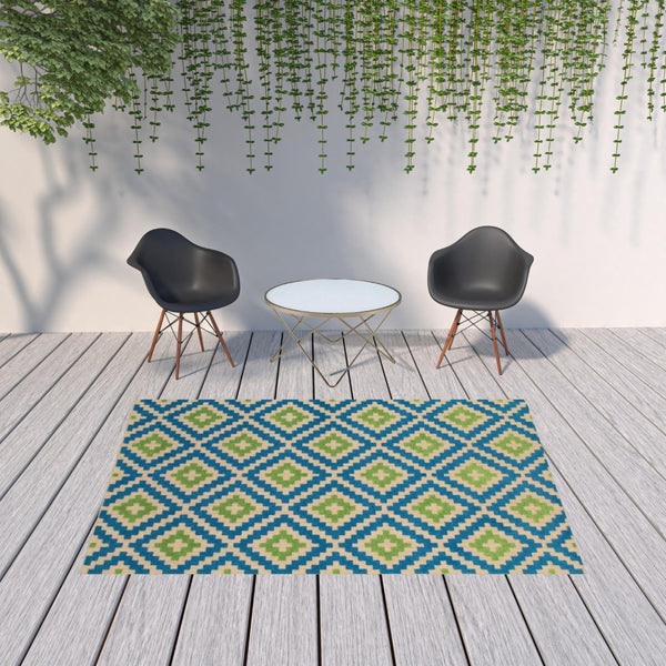 HomeRoots 5' Blue and Beige Geometric Indoor Outdoor Area Rug - Durable, Stain-Resistant, Modern Design for All Spaces 6'7" x 9'6" 506789
