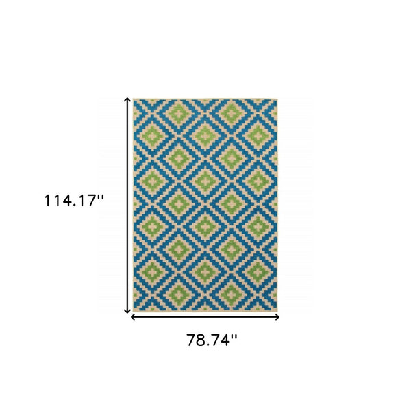 HomeRoots 5' Blue and Beige Geometric Indoor Outdoor Area Rug - Durable, Stain-Resistant, Modern Design for All Spaces 6'7" x 9'6" 506789