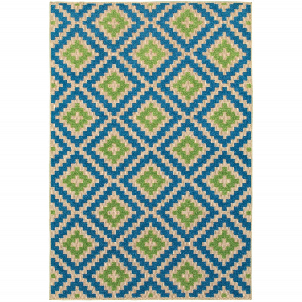 HomeRoots 5' Blue and Beige Geometric Indoor Outdoor Area Rug - Durable, Stain-Resistant, Modern Design for All Spaces 7'10" x 10'10" 506790