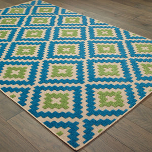 HomeRoots 5' Blue and Beige Geometric Indoor Outdoor Area Rug - Durable, Stain-Resistant, Modern Design for All Spaces 7'10" x 10'10" 506790