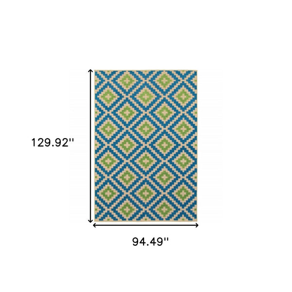 HomeRoots 5' Blue and Beige Geometric Indoor Outdoor Area Rug - Durable, Stain-Resistant, Modern Design for All Spaces 7'10" x 10'10" 506790