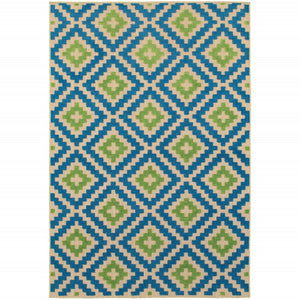 HomeRoots 5' Blue and Beige Geometric Indoor Outdoor Area Rug - Durable, Stain-Resistant, Modern Design for All Spaces 9'10" x 12'10" 506791