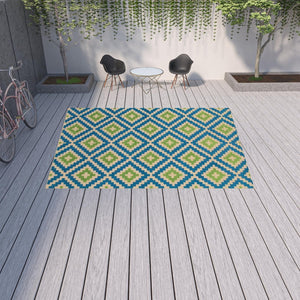 HomeRoots 5' Blue and Beige Geometric Indoor Outdoor Area Rug - Durable, Stain-Resistant, Modern Design for All Spaces 9'10" x 12'10" 506791