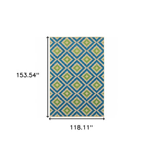 HomeRoots 5' Blue and Beige Geometric Indoor Outdoor Area Rug - Durable, Stain-Resistant, Modern Design for All Spaces 9'10" x 12'10" 506791