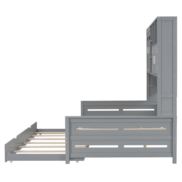 English Elm Full Size Wooden Daybed With Twin Trundle & Stylish Integrated Cabinet For Smart Space-Saving Solutions N820S00027E
