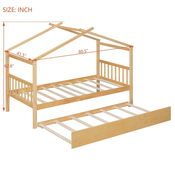 English Elm Twin House Bed Solid Pine Cottage Frame with Pull Out Trundle for Kids Bedroom Natural N708P309238M