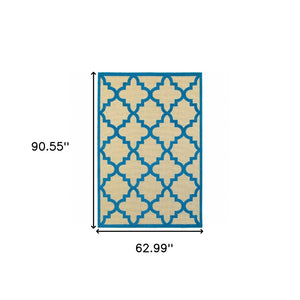 HomeRoots 5' Green Geometric Indoor/Outdoor Area Rug - Stain Resistant, Modern Style for High-Traffic Spaces Sand/ Blue 5'3" x 7'6" 506800