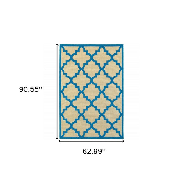 HomeRoots 5' Green Geometric Indoor/Outdoor Area Rug - Stain Resistant, Modern Style for High-Traffic Spaces Sand/ Blue 5'3" x 7'6" 506800