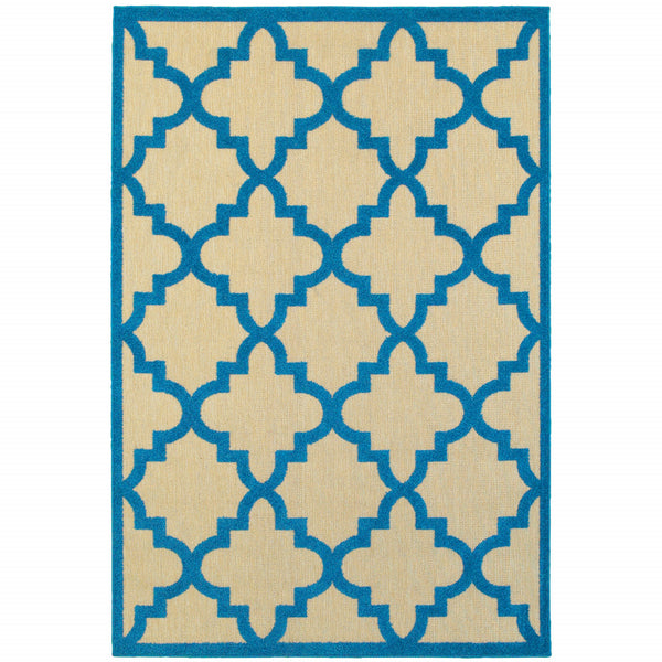 Homeroots 7' X 10' Blue And Beige Geometric Stain Resistant Indoor Outdoor Area Rug Sand,Blue Polypropylene 506801