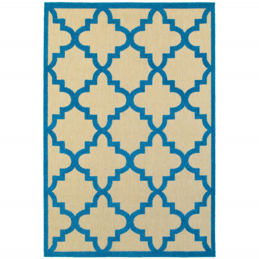 HomeRoots 5' Green Geometric Indoor/Outdoor Area Rug - Stain Resistant, Modern Style for High-Traffic Spaces Sand/ Blue 9'10" x 12'10" 506803