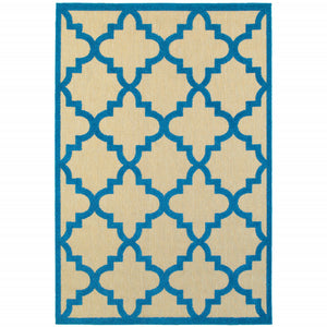 Homeroots 10' X 13' Blue And Beige Geometric Stain Resistant Indoor Outdoor Area Rug Sand,Blue Polypropylene 506803