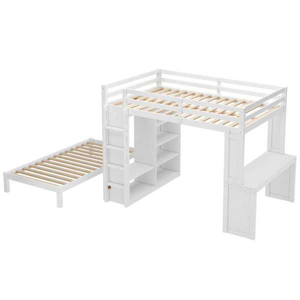 English Elm Queen Multifunctional Solid Wood Bunk Bed With Desk, Dismountable Twin Bed, Shelves & Wardrobe W1580S00214-GIGA