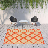 Homeroots 8' X 11' Orange Geometric Stain Resistant Indoor Outdoor Area Rug Sand,Orange Polypropylene 506814